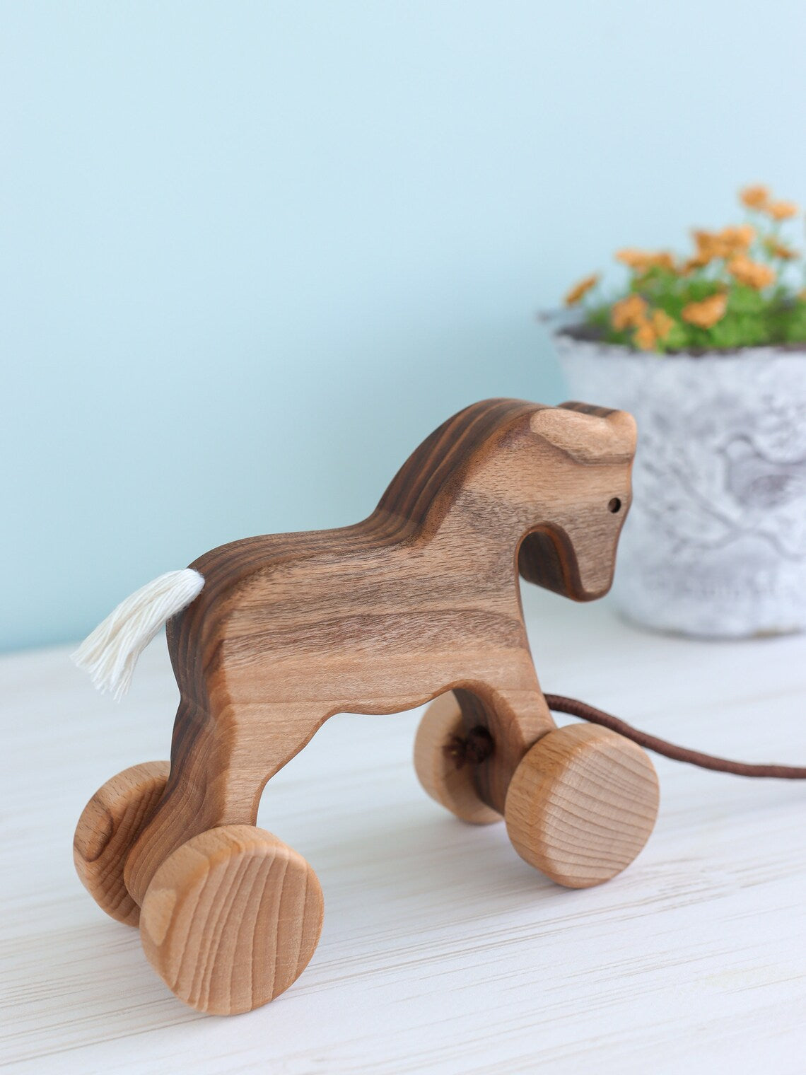 Handmade Wooden Horse Pull & Push Toy - Montessori Animal on Wheels for Toddlers