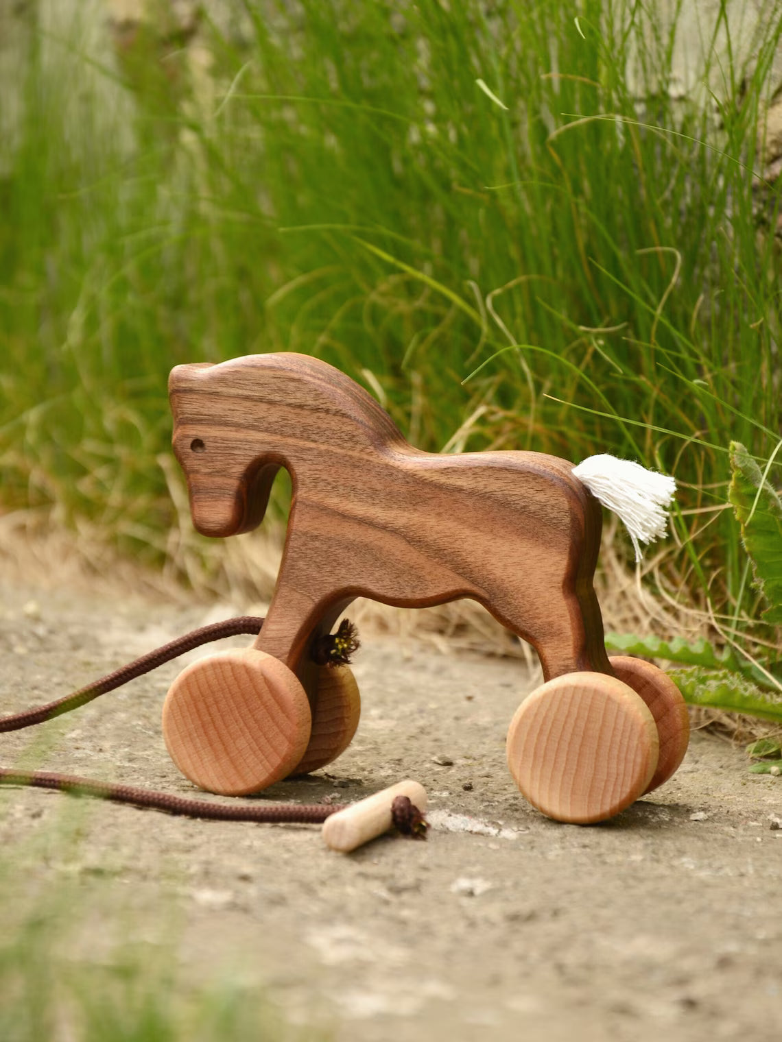 Handmade Wooden Horse Pull & Push Toy - Montessori Animal on Wheels for Toddlers