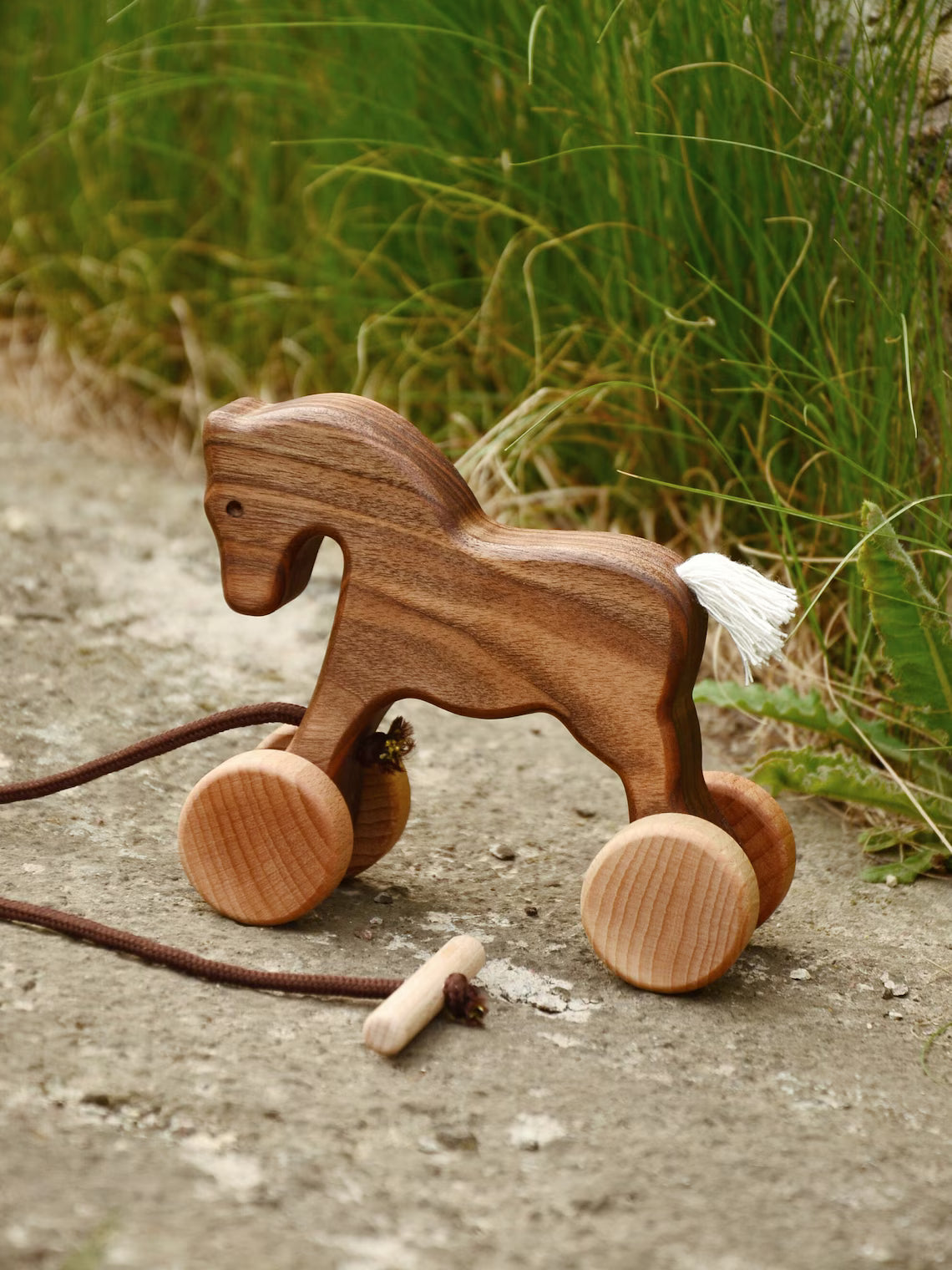 Handmade Wooden Horse Pull & Push Toy - Montessori Animal on Wheels for Toddlers