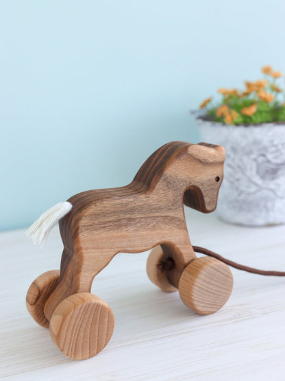 Handmade Wooden Horse Pull & Push Toy - Montessori Animal on Wheels for Toddlers